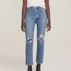 AGOLDE Riley High Rise Crop Straight Leg Distressed Jeans Medium Wash Size 26